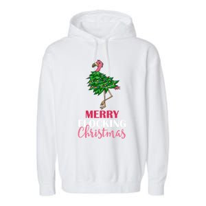 Flamingo Christmas Tree Merry Flocking Christmas Funny Pun Gift Garment-Dyed Fleece Hoodie