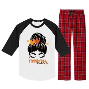 Funny Cute Thankful Mama Messy Bun Autumn Raglan Sleeve Pajama Set