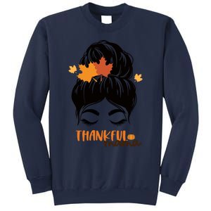 Funny Cute Thankful Mama Messy Bun Autumn Sweatshirt