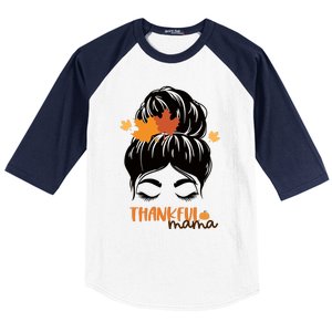 Funny Cute Thankful Mama Messy Bun Autumn Baseball Sleeve Shirt