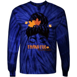 Funny Cute Thankful Mama Messy Bun Autumn Tie-Dye Long Sleeve Shirt