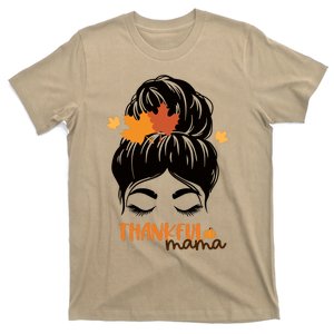 Funny Cute Thankful Mama Messy Bun Autumn T-Shirt