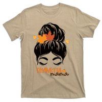 Funny Cute Thankful Mama Messy Bun Autumn T-Shirt