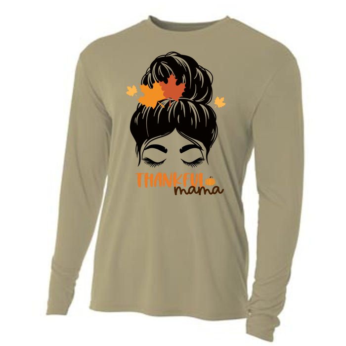 Funny Cute Thankful Mama Messy Bun Autumn Cooling Performance Long Sleeve Crew