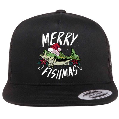 Funny Christmas Themed Bass Fishing Design Merry Fishmas Gift Flatbill Hat