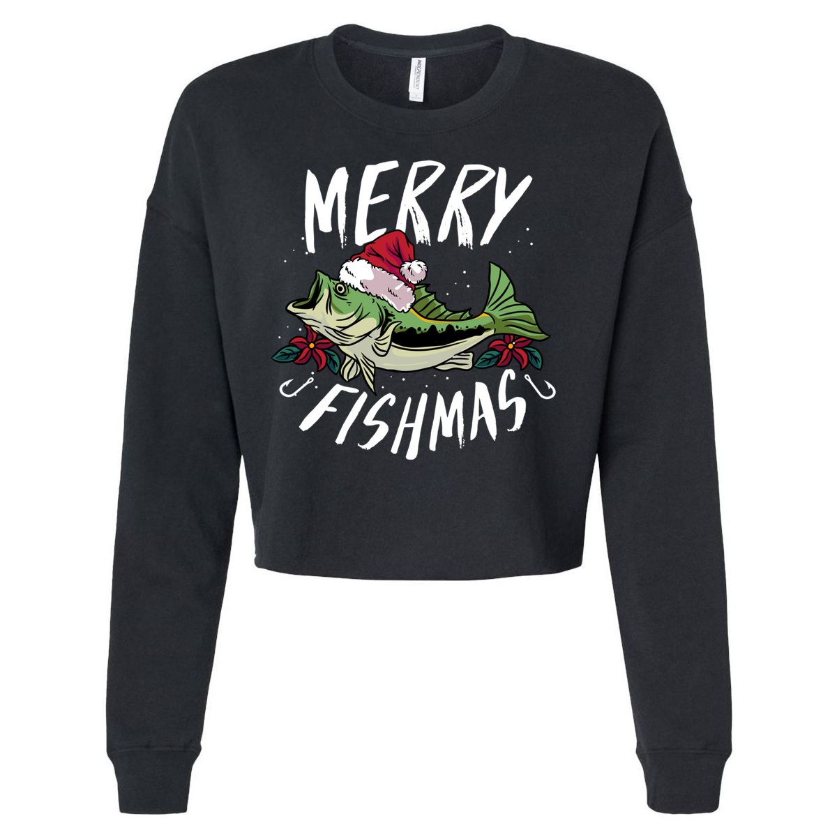 Funny Christmas Themed Bass Fishing Design Merry Fishmas Gift Cropped Pullover Crew