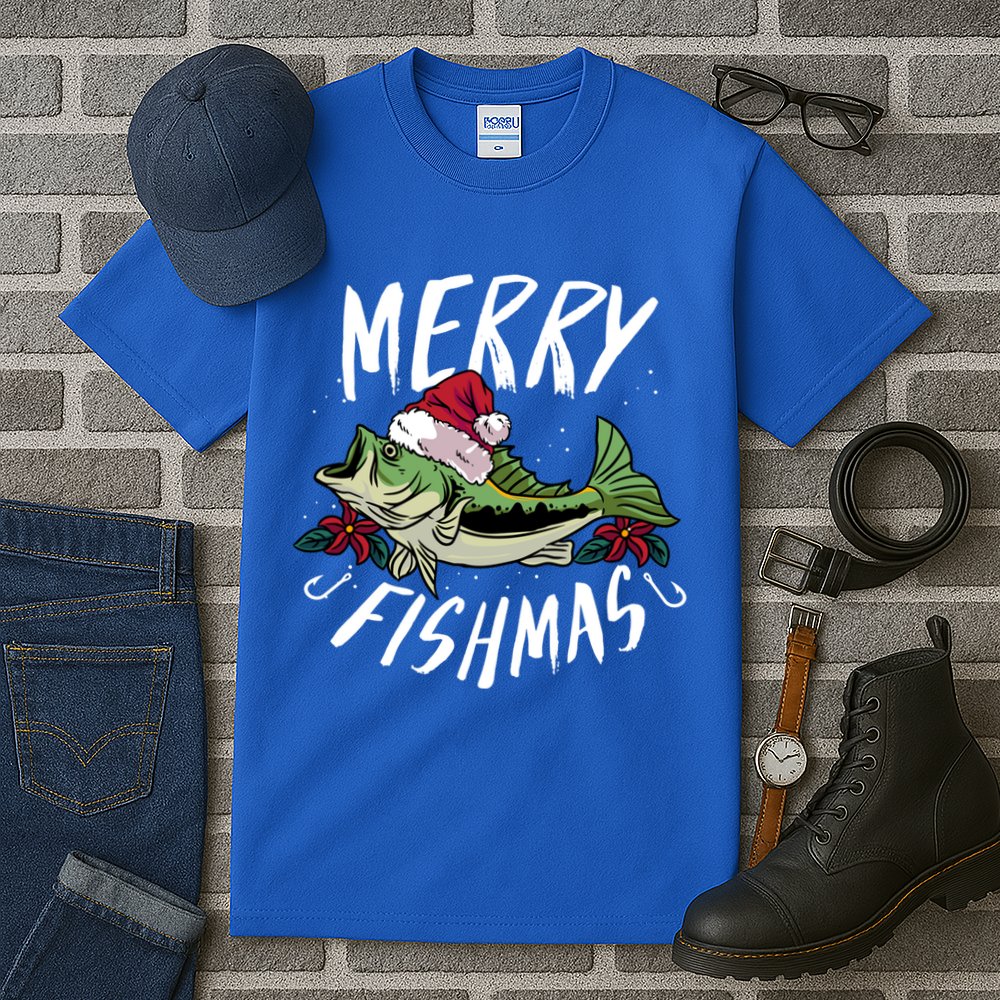 Funny Christmas Themed Bass Fishing Design Merry Fishmas Gift Tall T-Shirt