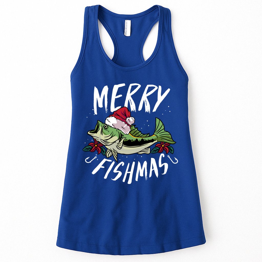 Funny Christmas Themed Bass Fishing Design Merry Fishmas Gift Womens Tank Top