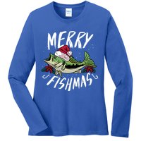 Funny Christmas Themed Bass Fishing Design Merry Fishmas Gift Ladies Long Sleeve Shirt