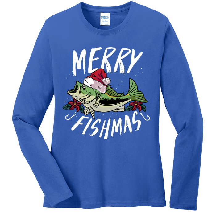 Funny Christmas Themed Bass Fishing Design Merry Fishmas Gift Ladies Long Sleeve Shirt