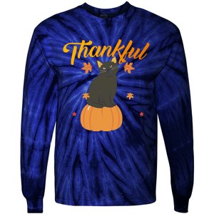 Funny Cute Thankful Pumpkin Black Cat, Thankful Grateful Blessed Autumn Fall 202 Tie-Dye Long Sleeve Shirt