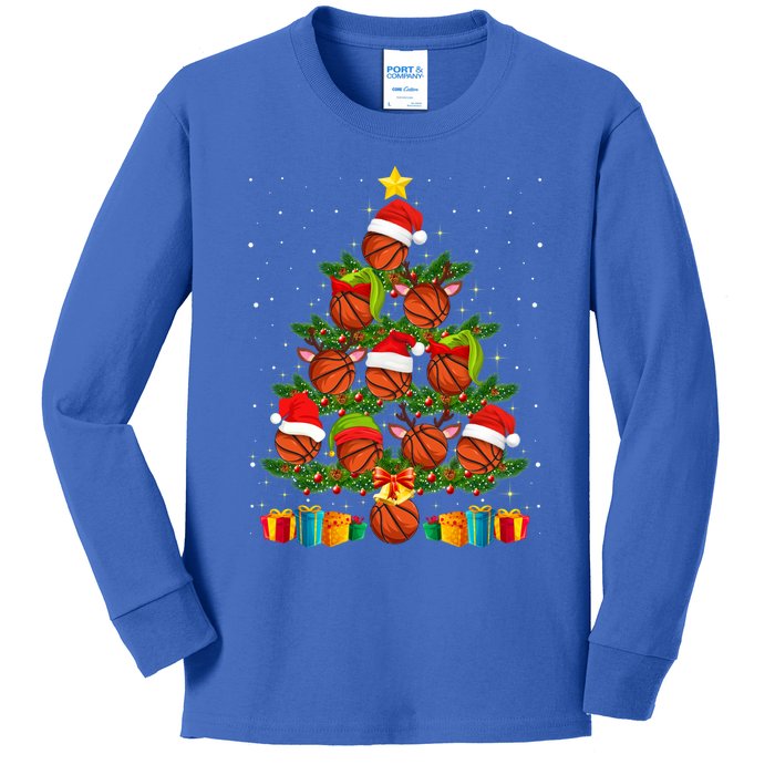 Funny Christmas Tree Basketball Xmas Light Sport Lover Gift Kids Long Sleeve Shirt