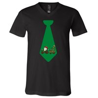 Funny Christmas Tie With Christmas Farm Tractor Tree Lights V-Neck T-Shirt