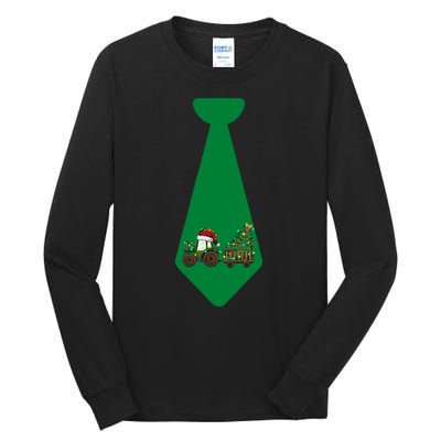 Funny Christmas Tie With Christmas Farm Tractor Tree Lights Tall Long Sleeve T-Shirt