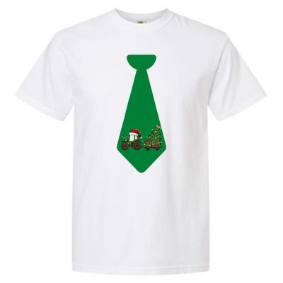 Funny Christmas Tie With Christmas Farm Tractor Tree Lights Garment-Dyed Heavyweight T-Shirt