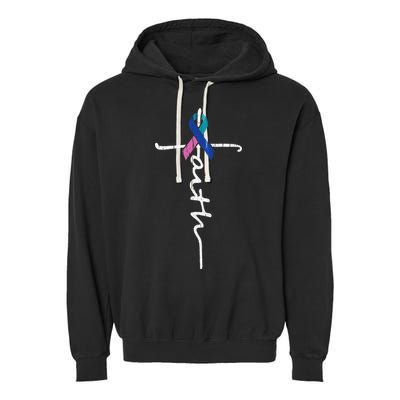Faith Cross Thyroid Cancer Awareness Warrior Survivor Garment-Dyed Fleece Hoodie
