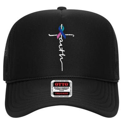 Faith Cross Thyroid Cancer Awareness Warrior Survivor High Crown Mesh Back Trucker Hat