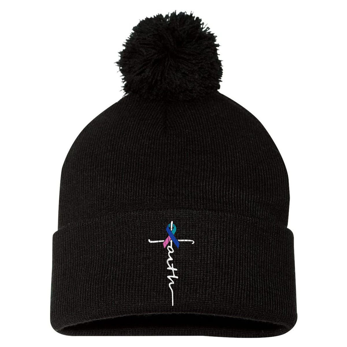 Faith Cross Thyroid Cancer Awareness Warrior Survivor Pom Pom 12in Knit Beanie