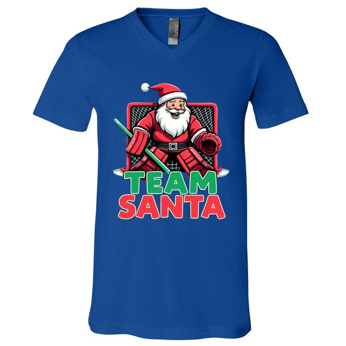 Funny Christmas Team Santa Ice Hockey Goalie Goaltender Xmas Gift V-Neck T-Shirt