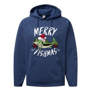 Funny Christmas Themed Bass Fishing Design Merry Fishmas Meaningful Gift Performance Fleece Hoodie