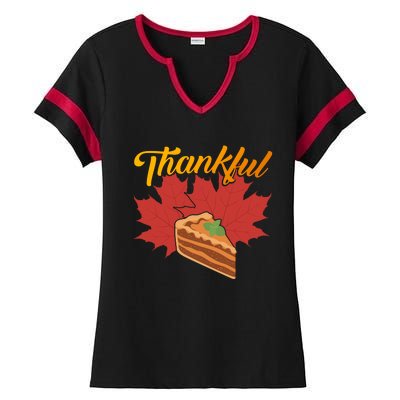 Funny Cute Thankful Pumpkin Pie Red Leaf Thankful Grateful Blessed Autumn Fall 2 Ladies Halftime Notch Neck Tee