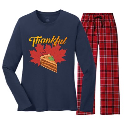 Funny Cute Thankful Pumpkin Pie Red Leaf Thankful Grateful Blessed Autumn Fall 2 Women's Long Sleeve Flannel Pajama Set 