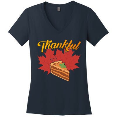 Funny Cute Thankful Pumpkin Pie Red Leaf Thankful Grateful Blessed Autumn Fall 2 Women's V-Neck T-Shirt