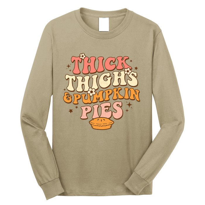 Funny Cute Thick Thighs Pumpkin Pies Autumn Thanksgiving Groovy Retro Long Sleeve Shirt