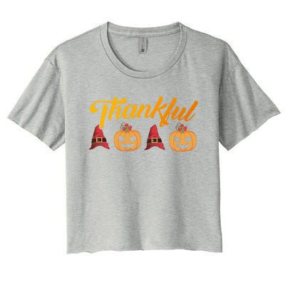 Funny Cute Thankful Pumpkin Witch Hat, Thankful Grateful Blessed Autumn Fall 202 Women's Crop Top Tee