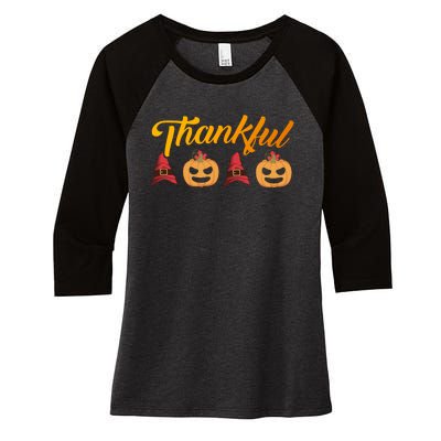 Funny Cute Thankful Pumpkin Witch Hat, Thankful Grateful Blessed Autumn Fall 202 Women's Tri-Blend 3/4-Sleeve Raglan Shirt