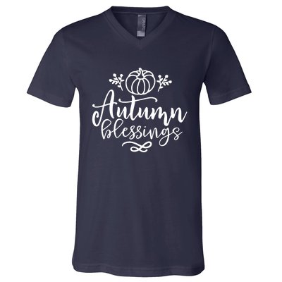 Funny Cute Thanksgiving Pumpkin Autumn Blessings V-Neck T-Shirt