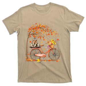 Funny Cute Thanksgiving Retro Bicycle Cat Autumn Leaves Fall T-Shirt