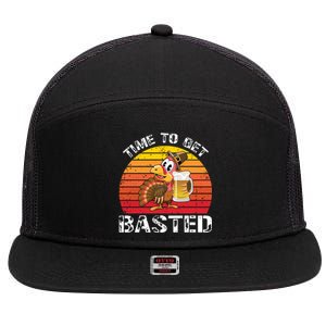 Funny Cute Time To Get Basted Retro Turkey Beer Thanksgiving Meaningful Gift 7 Panel Mesh Trucker Snapback Hat