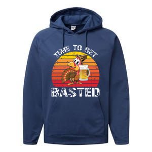 Funny Cute Time To Get Basted Retro Turkey Beer Thanksgiving Meaningful Gift Performance Fleece Hoodie