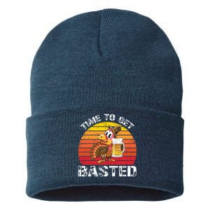 Funny Cute Time To Get Basted Retro Turkey Beer Thanksgiving Meaningful Gift Sustainable Knit Beanie