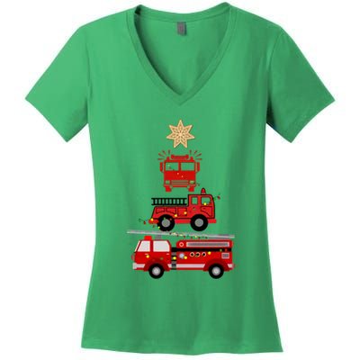 Firetruck Christmas Tree Women's V-Neck T-Shirt