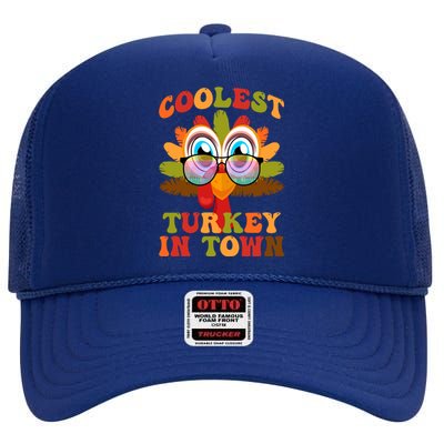 Funny Coolest Turkey In Town Thanksgiving Colorful Glasses Gift High Crown Mesh Back Trucker Hat