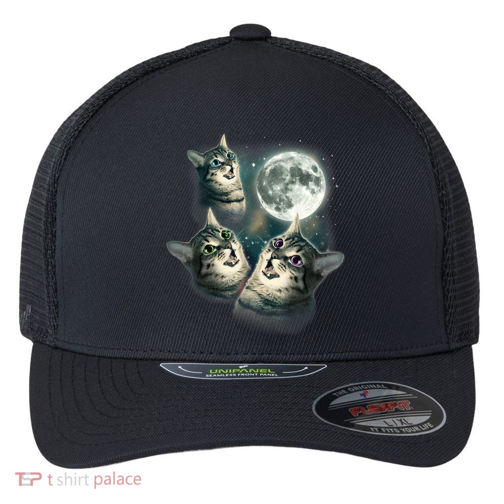 Funny Cat Three Cat Moon 3 Wolfs Cute Kitten Graphic Flexfit Unipanel Trucker Cap