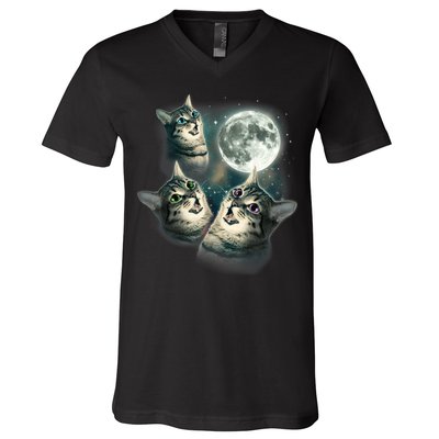 Funny Cat Three Cat Moon 3 Wolfs Cute Kitten Graphic V-Neck T-Shirt