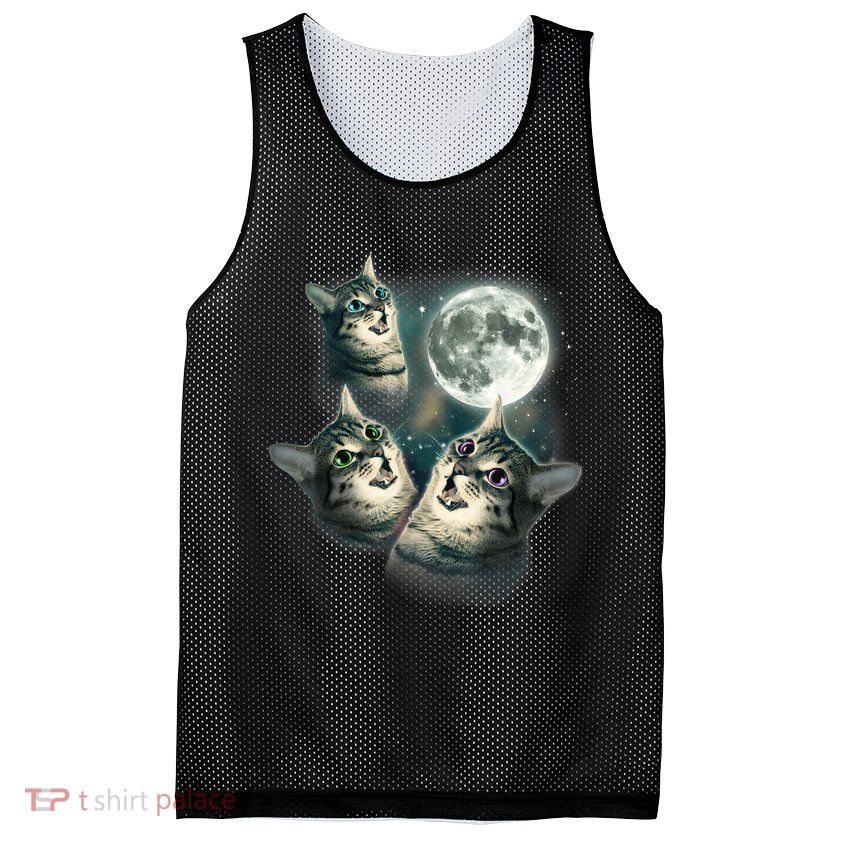 Funny Cat Three Cat Moon 3 Wolfs Cute Kitten Graphic Mesh Reversible Basketball Jersey Tank