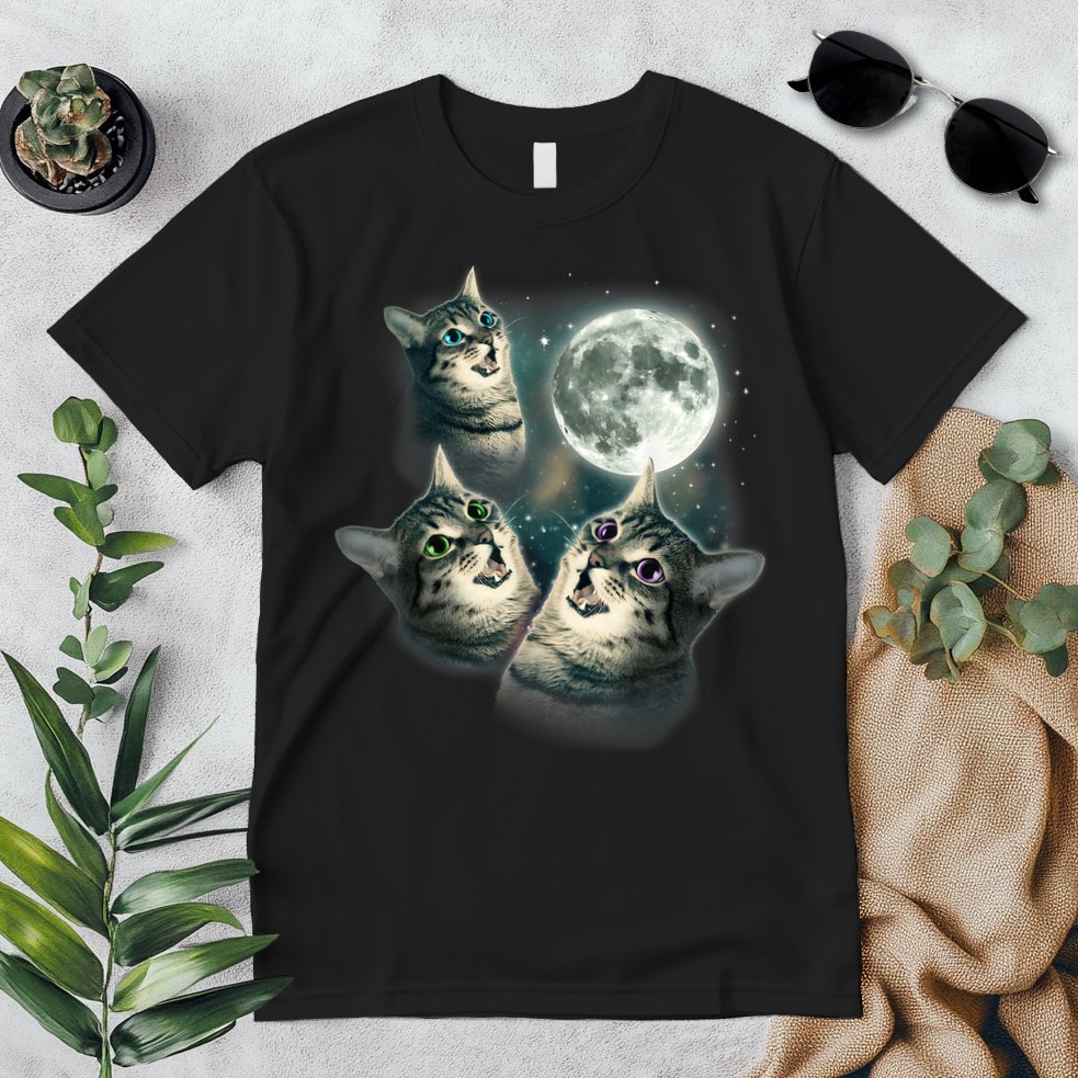 Funny Cat Three Cat Moon 3 Wolfs Cute Kitten Graphic Premium T-Shirt
