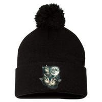 Funny Cat Three Cat Moon 3 Wolfs Cute Kitten Graphic Pom Pom 12in Knit Beanie