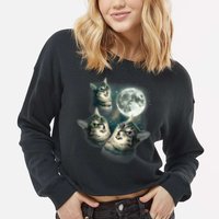 Funny Cat Three Cat Moon 3 Wolfs Cute Kitten Graphic Cropped Pullover Crew