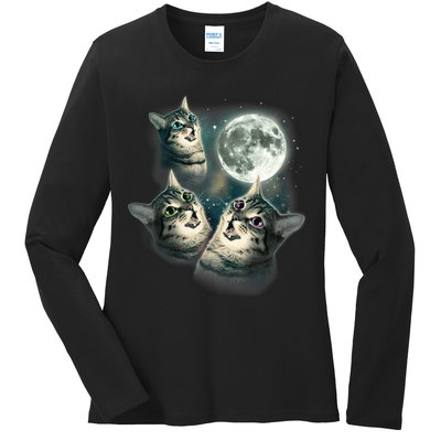 Funny Cat Three Cat Moon 3 Wolfs Cute Kitten Graphic Ladies Long Sleeve Shirt