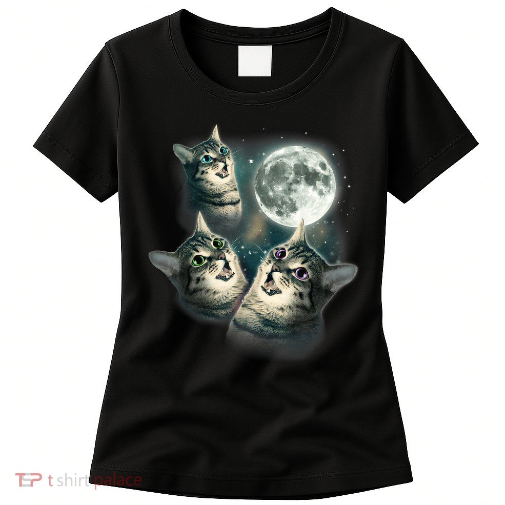 Funny Cat Three Cat Moon 3 Wolfs Cute Kitten Graphic Womens T-Shirt