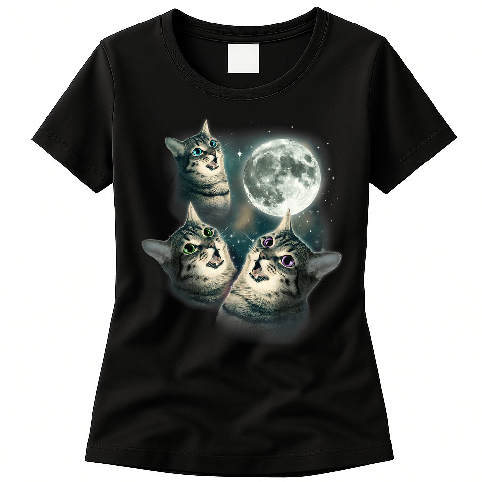 Funny Cat Three Cat Moon 3 Wolfs Cute Kitten Graphic Womens T-Shirt
