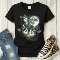 Funny Cat Three Cat Moon 3 Wolfs Cute Kitten Graphic Womens T-Shirt
