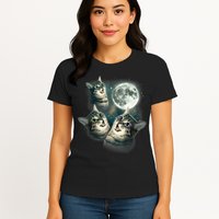 Funny Cat Three Cat Moon 3 Wolfs Cute Kitten Graphic Womens T-Shirt