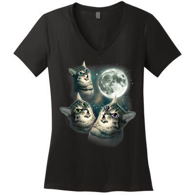 Funny Cat Three Cat Moon 3 Wolfs Cute Kitten Graphic Women's V-Neck T-Shirt
