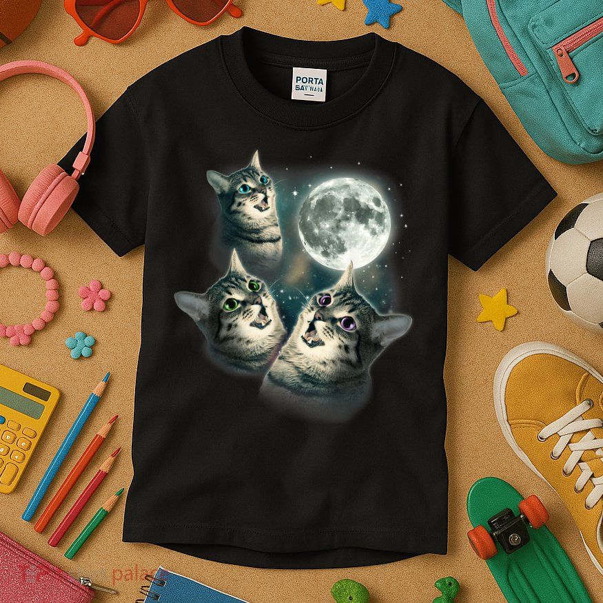 Funny Cat Three Cat Moon 3 Wolfs Cute Kitten Graphic Kids T-Shirt